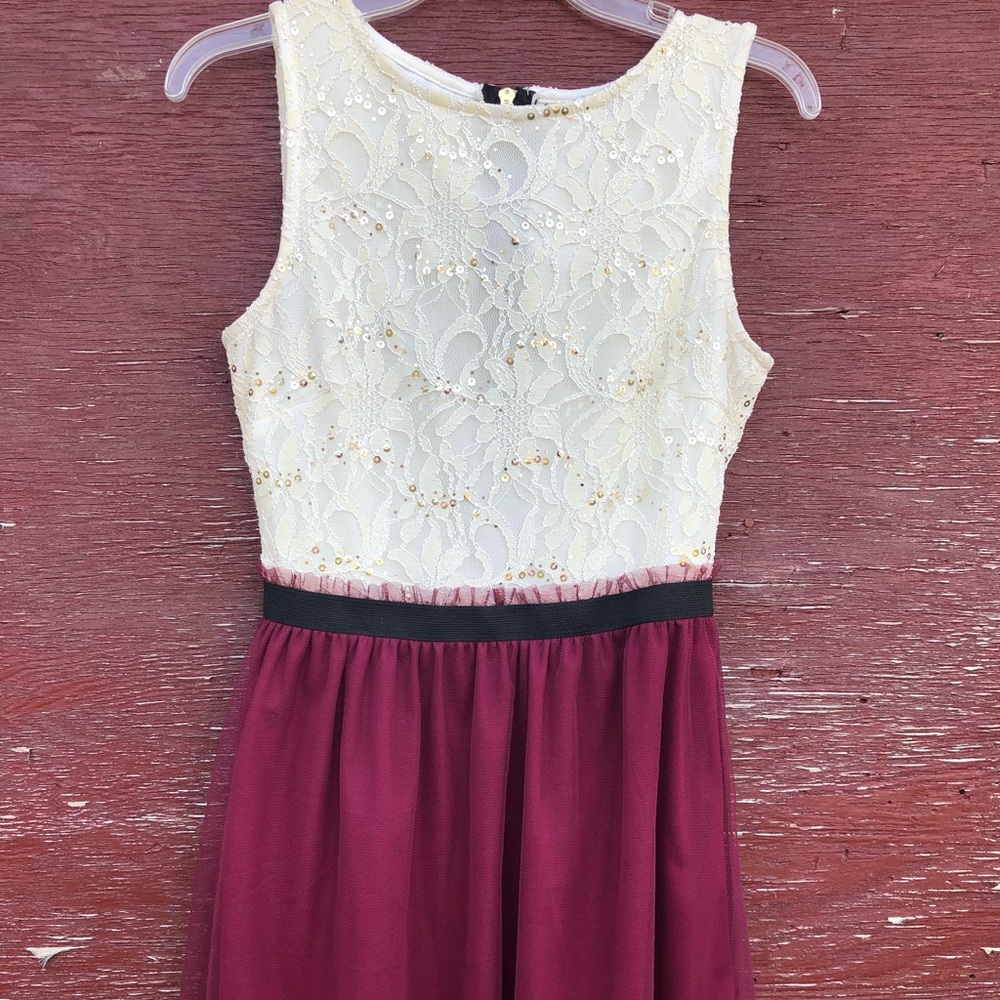 Burgundy and cream sequin cocktail dress